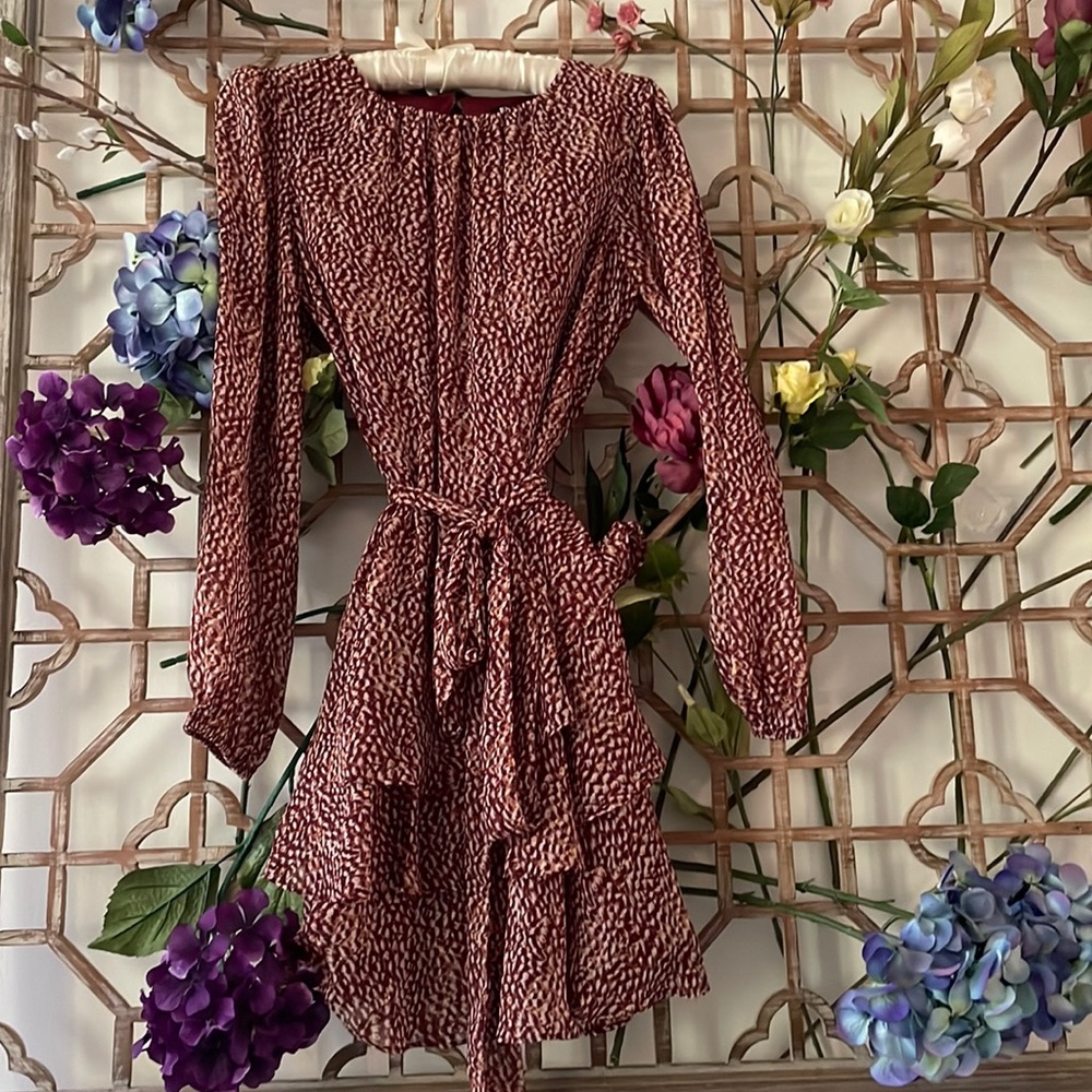 Express maroon & white full sleeves chiffon tiered dress with belt